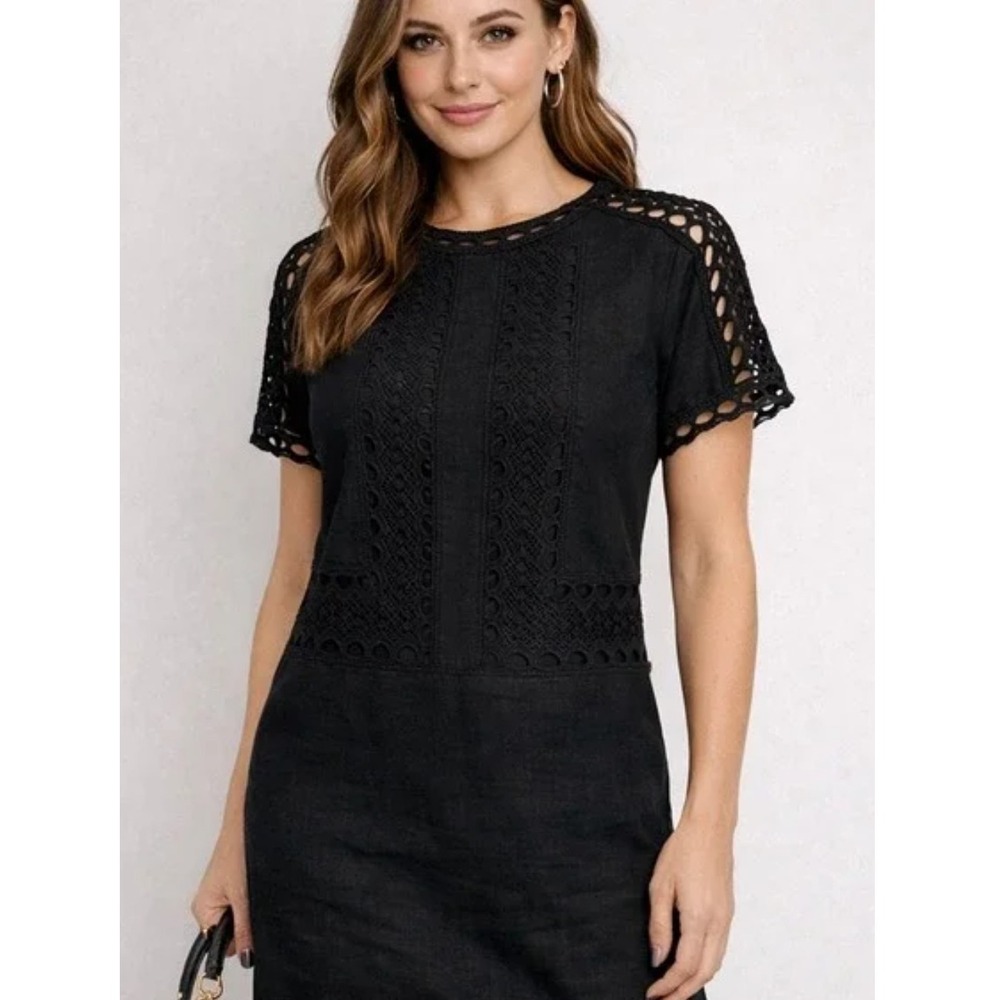 Ann Taylor Dress Womens S Black Short Shift Round Neck Lined Crochet Linen